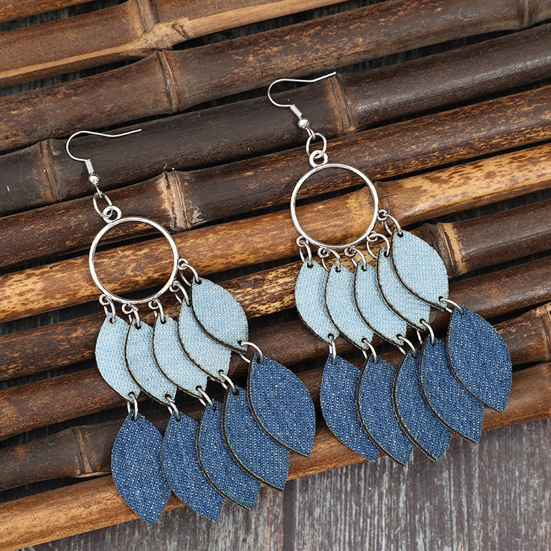 Wholesale PU Leather Leaf Tassel Earrings Retro Denim Light Blue Jewelry Accessory