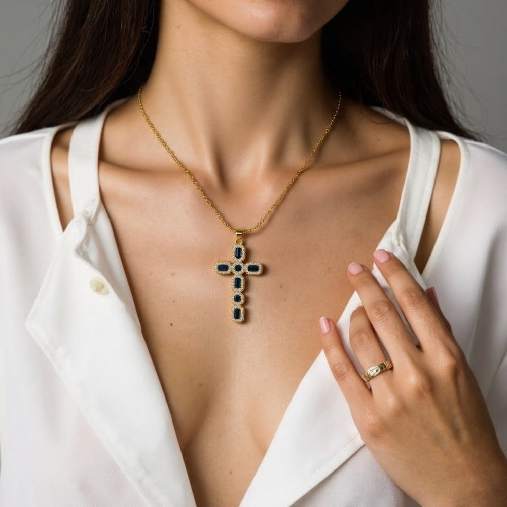 Wholesale Micro-inlaid colored zirconium cross necklace electroplated 18K gold clavicle chain jewelry