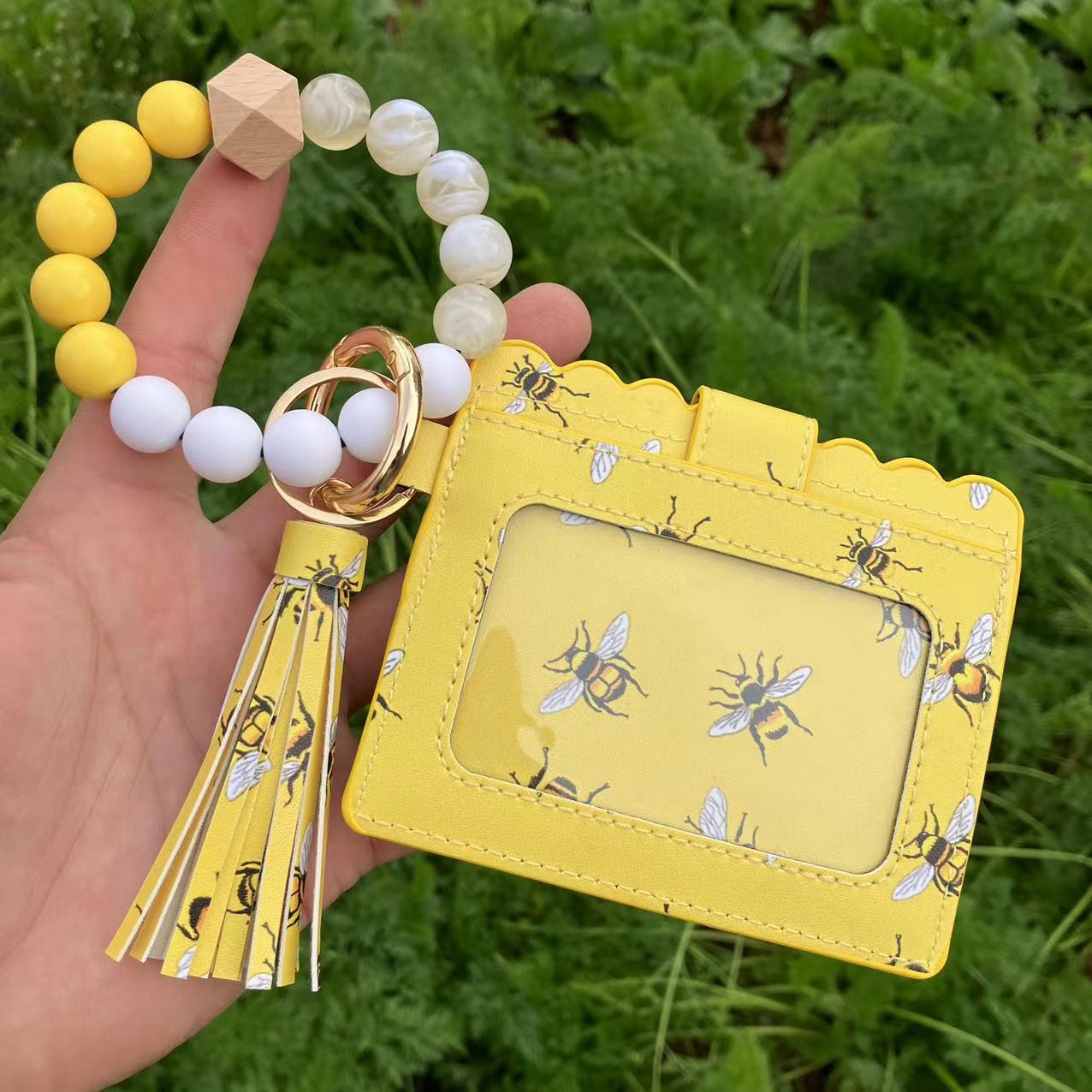 Wholesale Leopard Plaid Western Style Card Holder Silicone Beaded Wristlet Keychain ACC-KC-QiuXue011