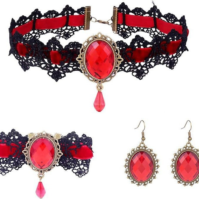 Wholesale Gothic Lace Choker Earring 3-Piece Set Artificial Crystal Pendant Fashion Accessory
