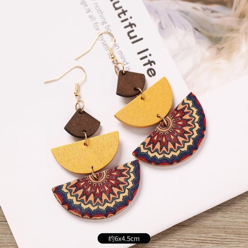 Wholesale Bohemian Wooden Ear Studs Geometric Stripe Ethnic Print Fashion Jewelry Accessory Boutique Gift