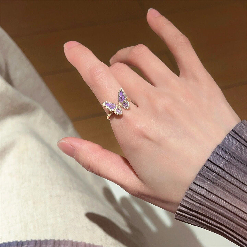 Wholesale Enamel Drip Butterfly Ring Mother-of-pearl Diamond Open Ring ACC-RS-Yues001