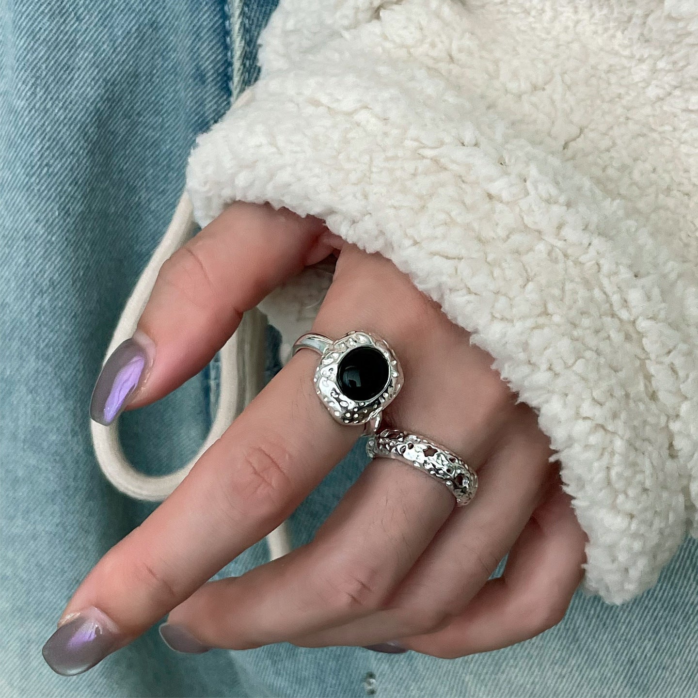 Wholesale Trendy Black Agate Geometric Copper Electroplated Ring for Women Boutique Resale