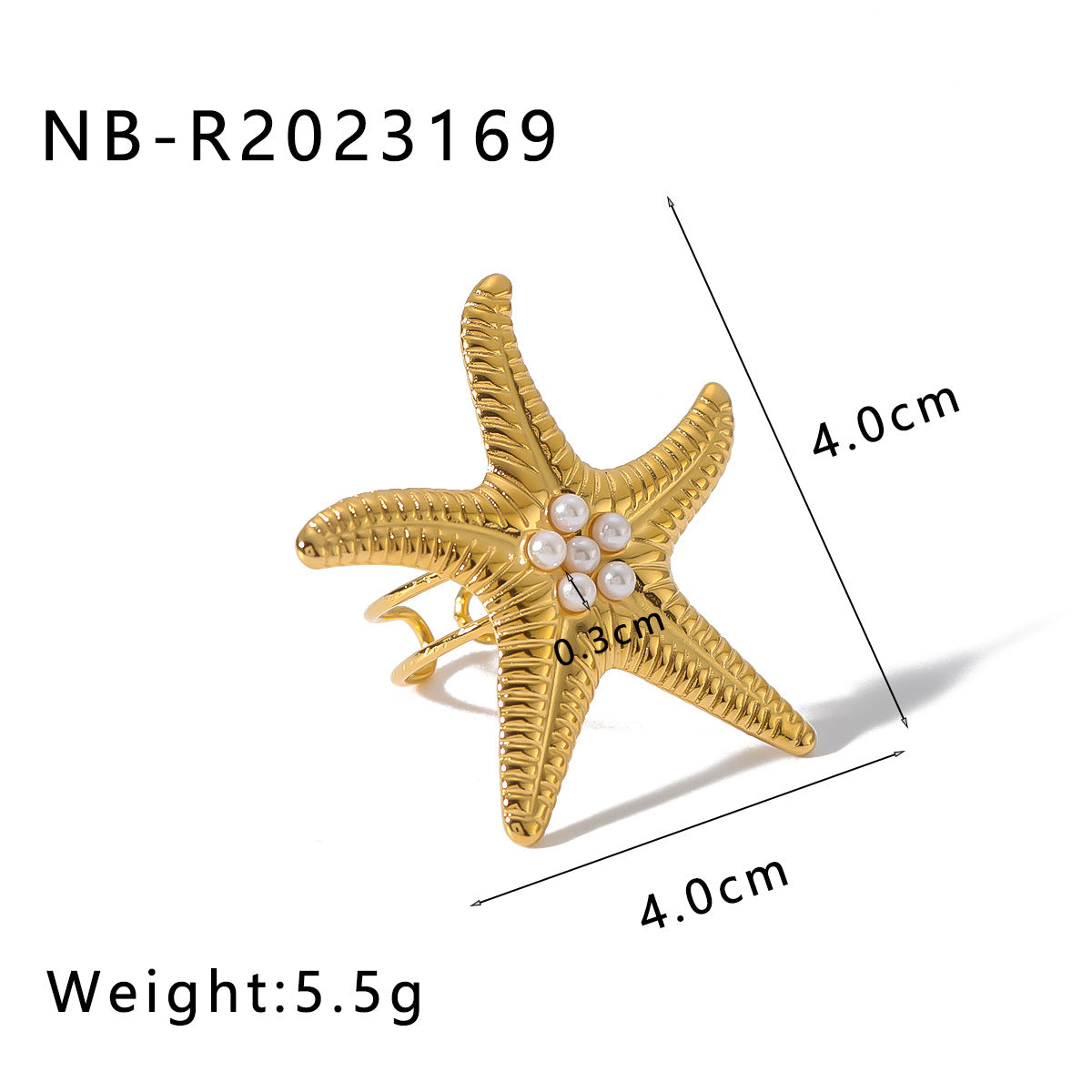 Wholesale starfish shape conch with mini pearl texture titanium Steel open ring
