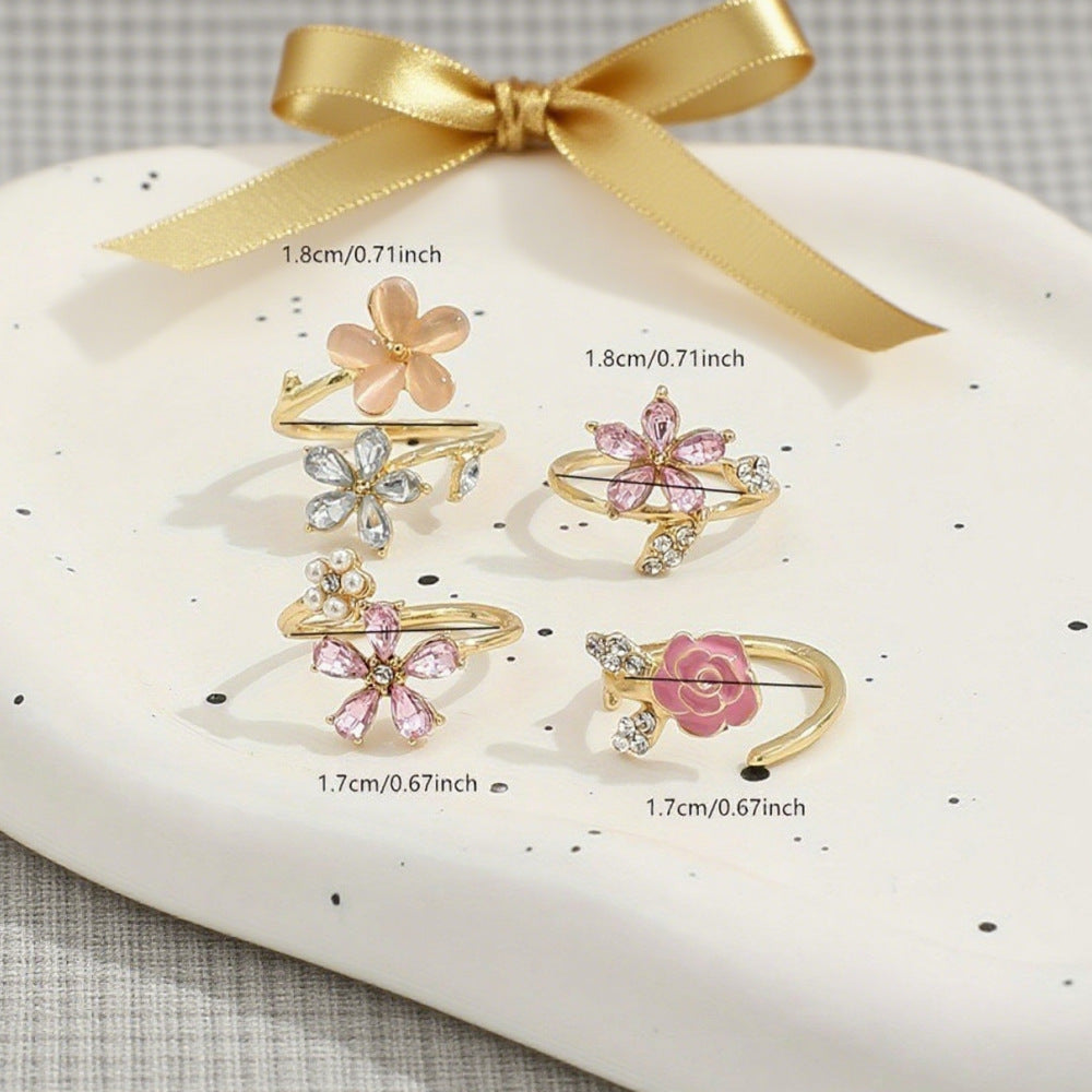 Wholesale Pink floral design multi-layered ring,  stylish and elegant pearl and zircon alloy ring.