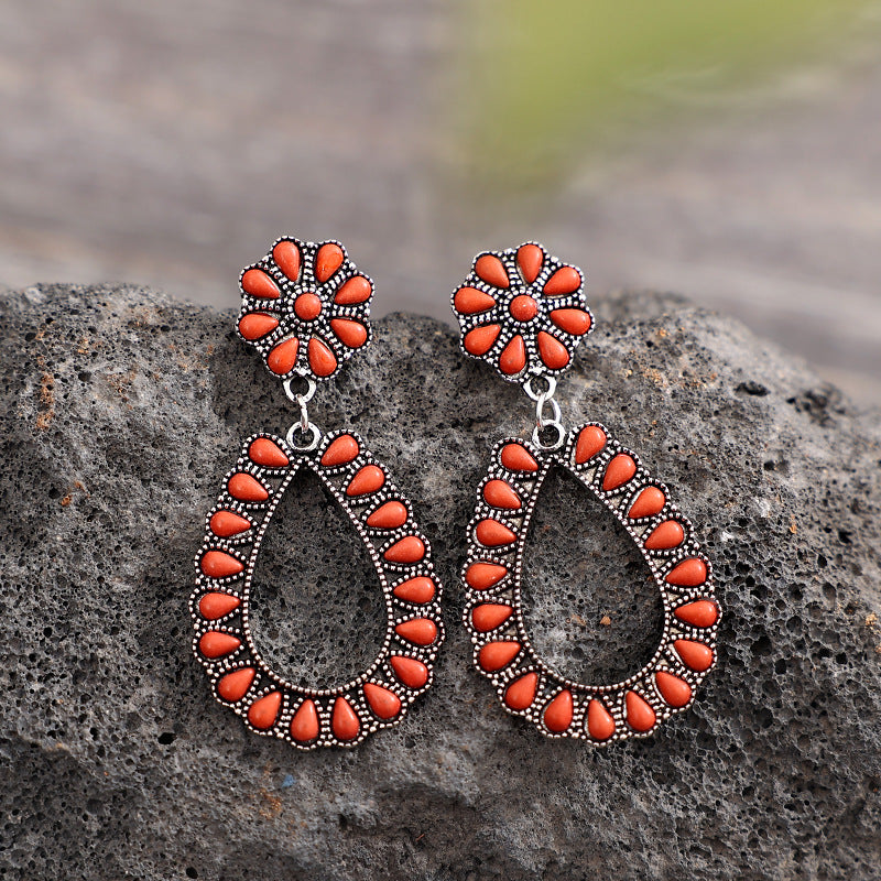 Wholesale Ethnic Style Retro Water Drops Red Pine Stone Earrings Bohemian Exaggerated Pine Stone Earrings