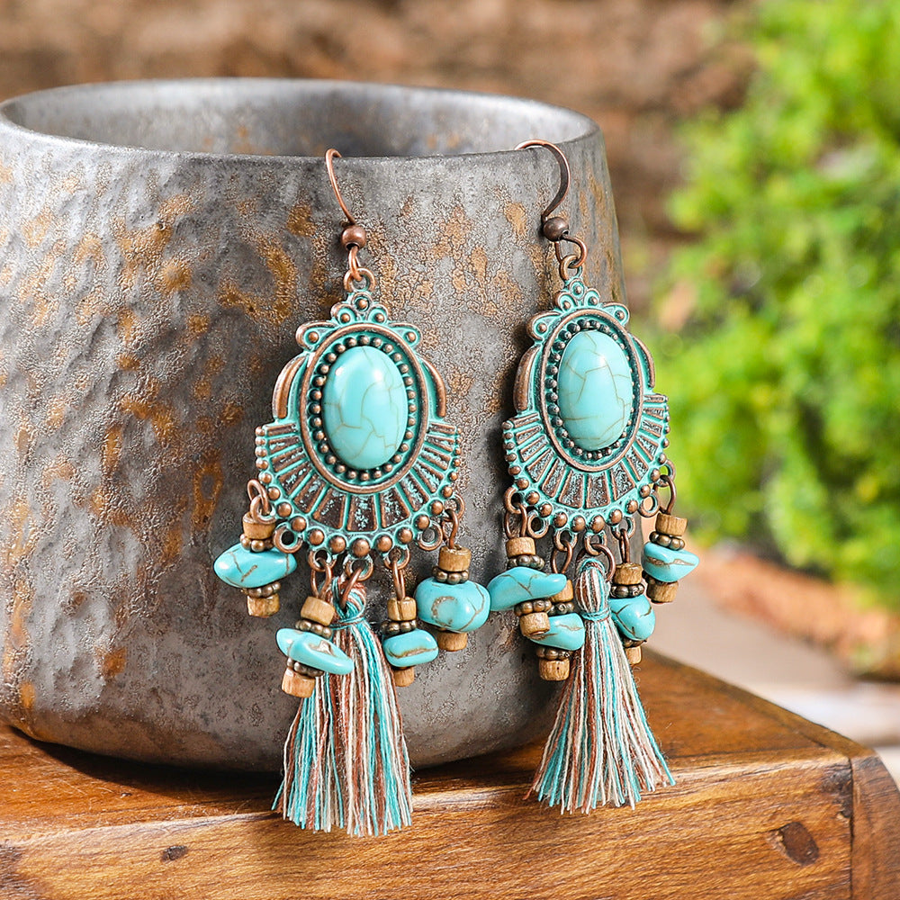 Wholesale Retro Ethnic Earrings Set Alloy Geometric Turquoise Tassel Trendy Party Accessory Gift