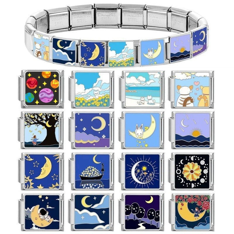 Wholesale Titanium Steel Italian Charm Bracelet DIY Kit Night Moon Original Design Enamel Charm Links Trendy Jewelry Accessory For Resale