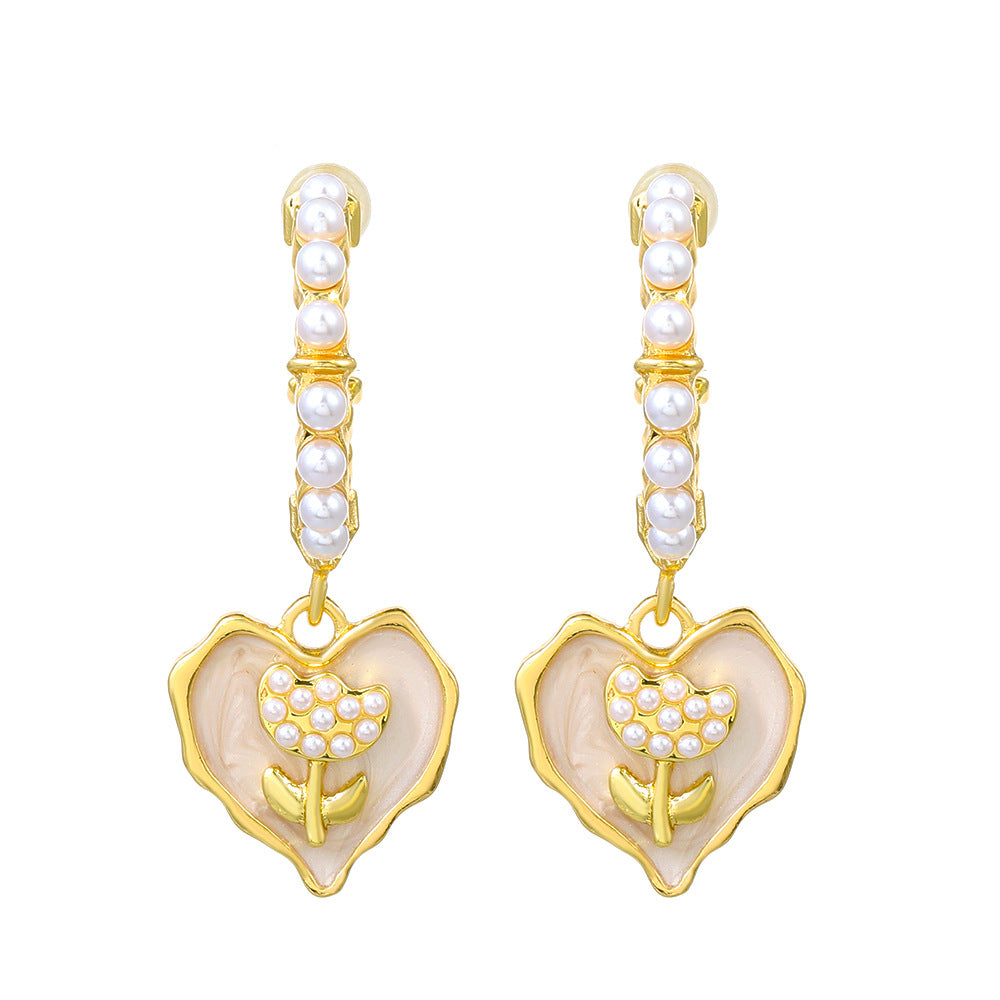 Wholesale Rose Love Earrings Alloy Inlaid Pearl Heart Shaped Flower Earrings ACC-ES-QW013