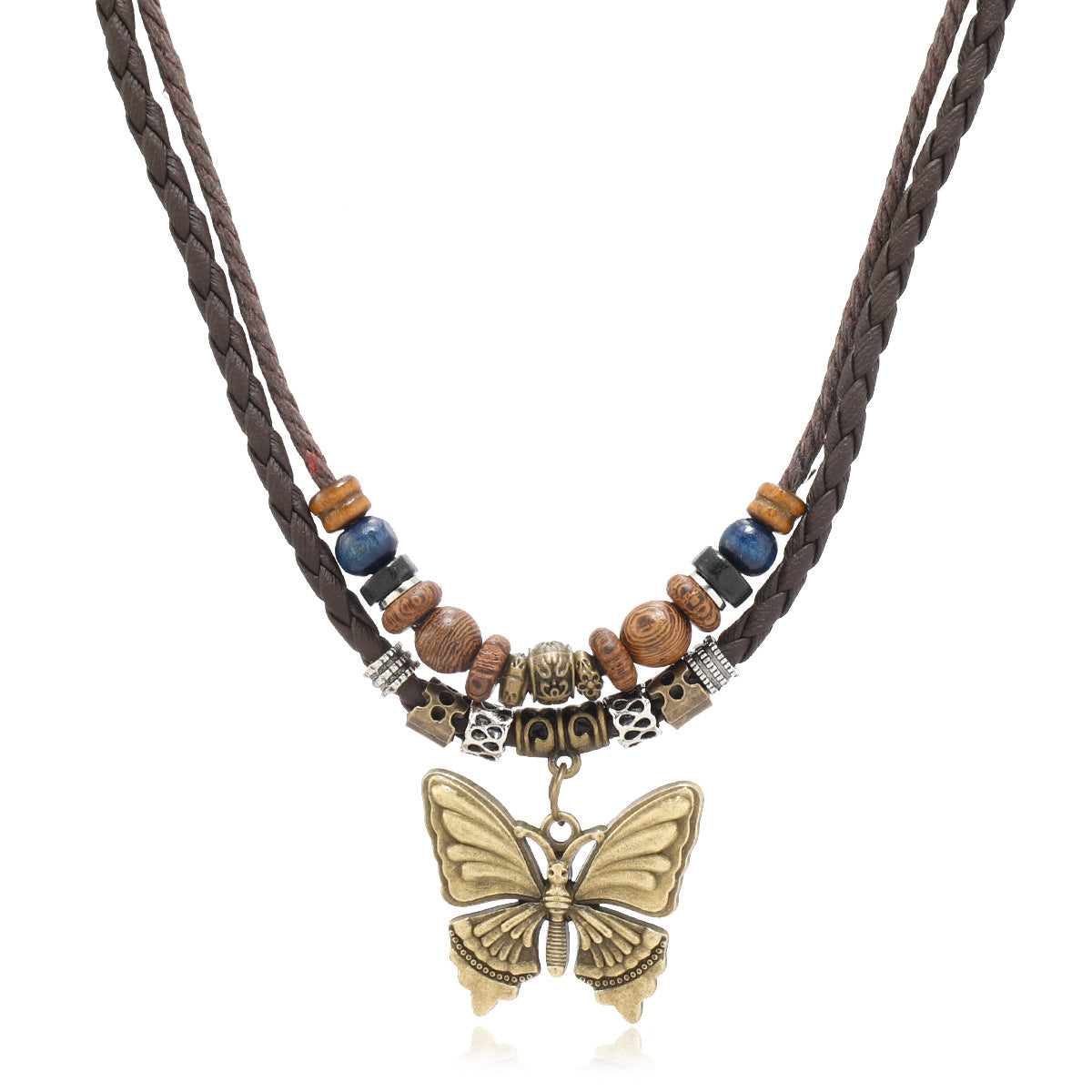 Wholesale Metal Butterfly Pendant Handmade Beaded Wooden Beads Sweater Necklace ACC-NE-Saih003
