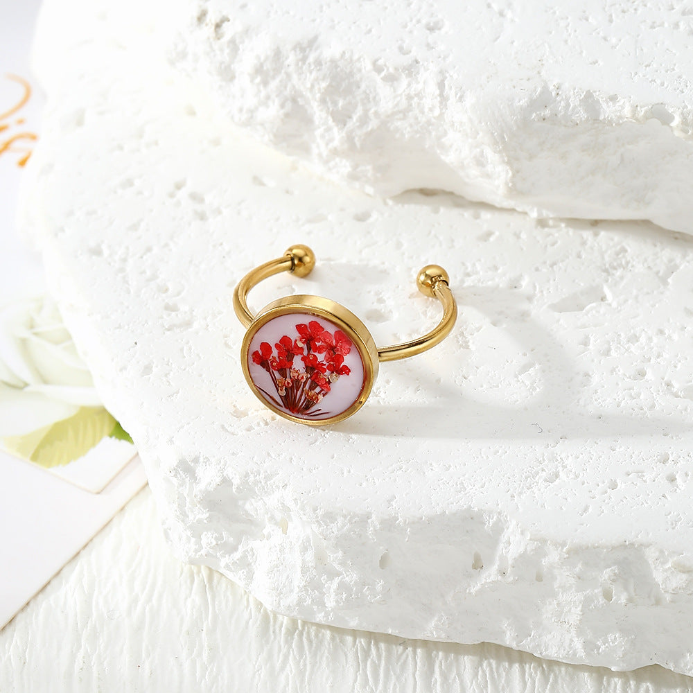 Wholesale Chic Adjustable Stainless Steel Ring With Dried Flower Boutique Resale Jewelry Accessory