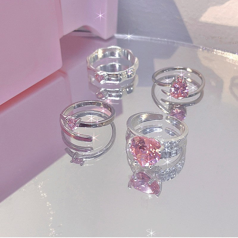 Wholesale Full Diamond Stacking Cherry Blossom Pink Love Zircon Ring Open Adjustment Ring ACC-RS-YaoFeng006