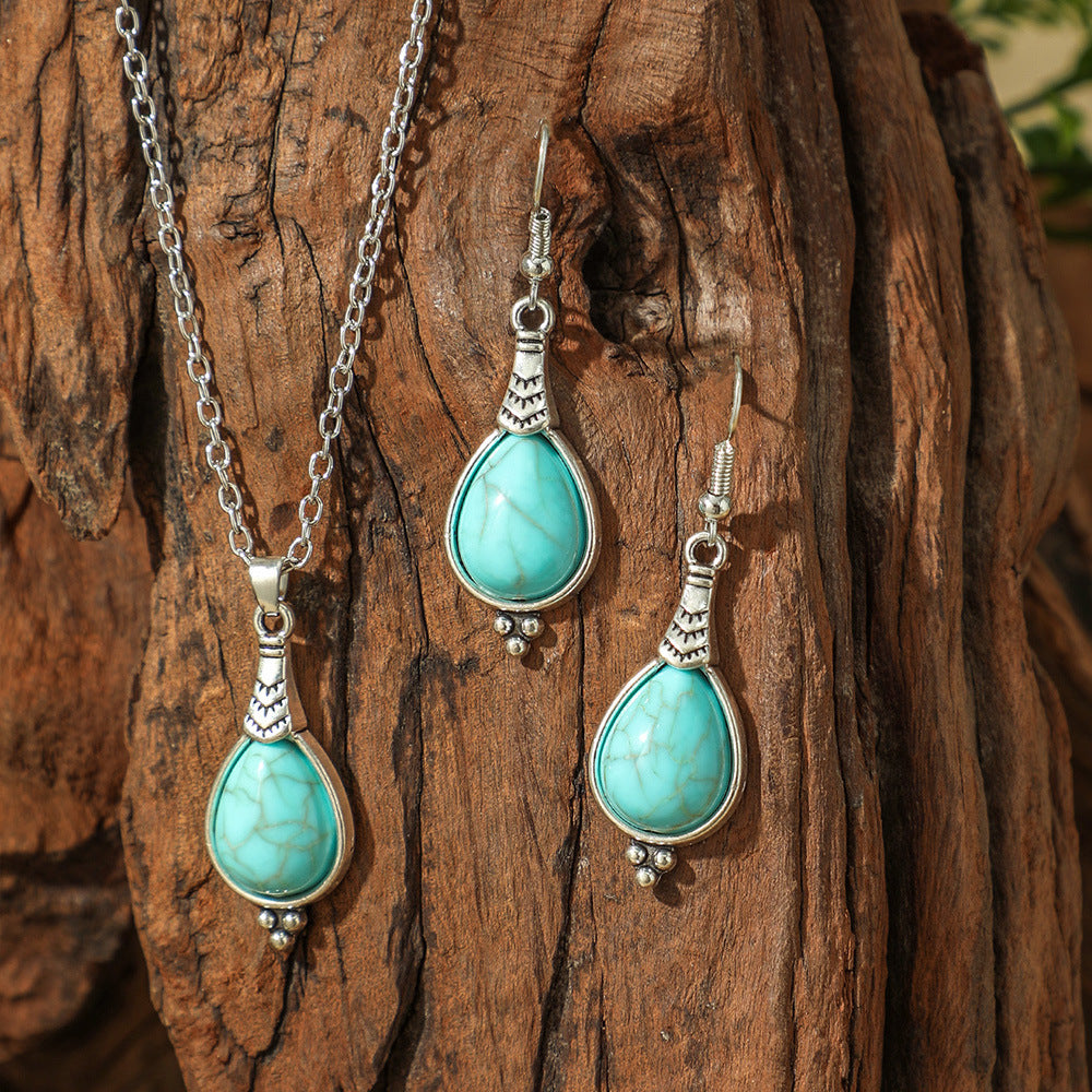 Wholesale Bohemian Vintage Earrings and Necklace Set Turquoise Drop Pendant Jewelry Accessory