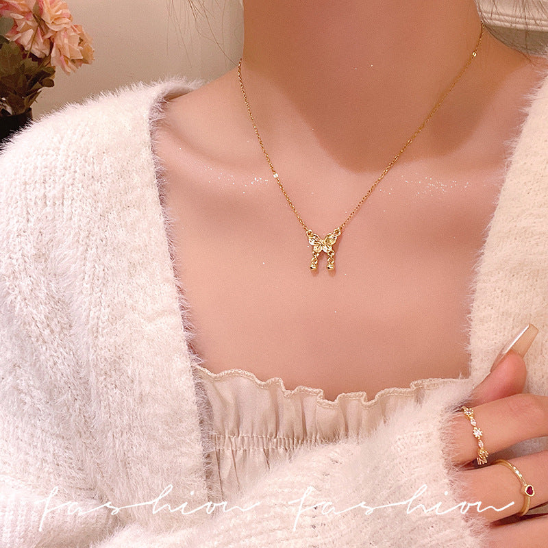 Wholesale Titanium Steel Three-Dimensional Bow Necklace  Luxury Niche Design Clavicle Chain