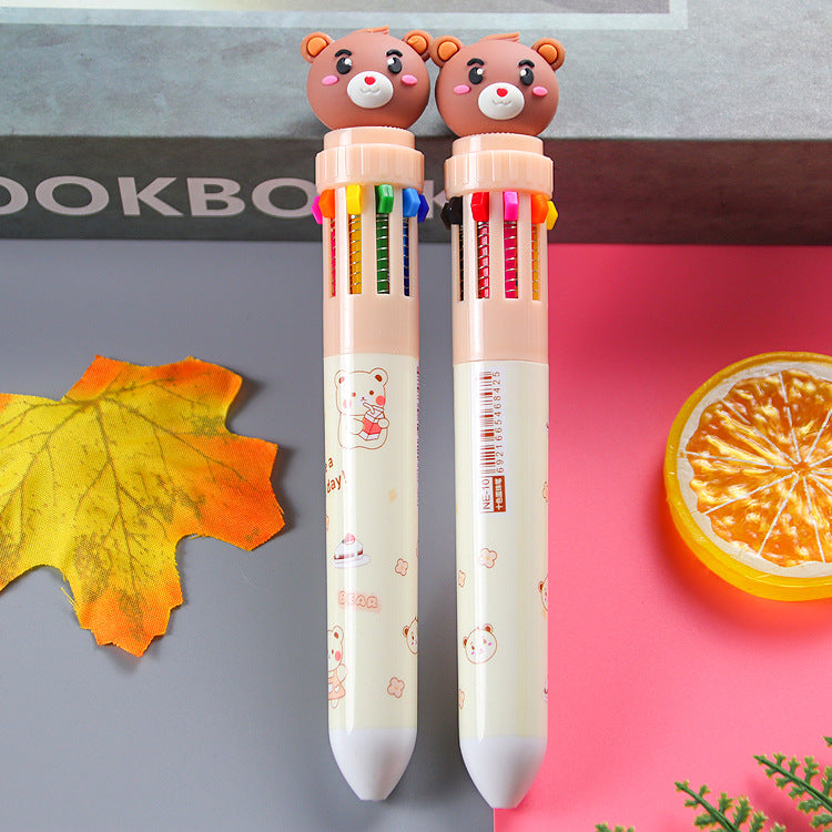 Wholesale Cartoon Bear Ten Colors Cute Writing Stationery Color Press Ballpoint Pen ACC-PN-Liuj002