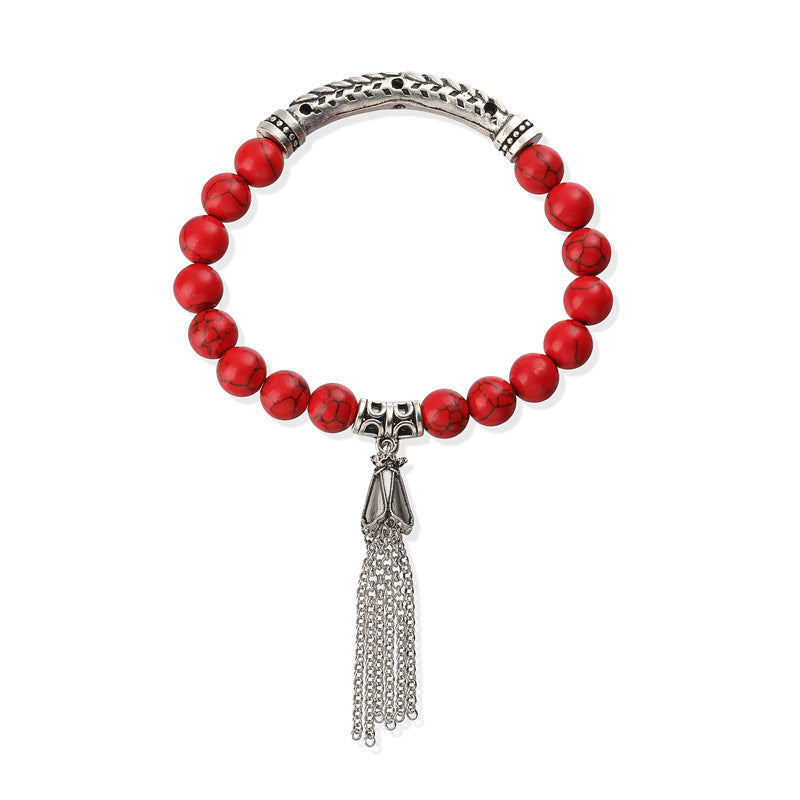 Wholesale Retro Chic Antique Silver Tone Stone Bead Bracelet With Tassel Pendant Heart Shaped 16 Beads Unisex Wedding Gift Fashion Accessory