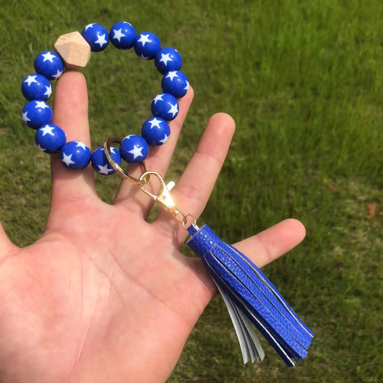 Wholesale American Independence Day Wooden Beads Tassel Wristlet Keychain ACC-KC-QiuXue013