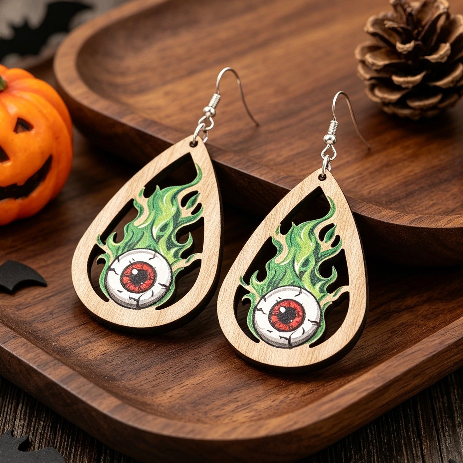 Wholesale  Teardrop Ghost Eye Wooden Earrings Green Flame Print Dangle Jewelry Chic Gift For Boutique Resale
