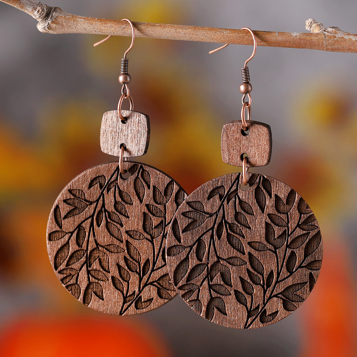 Wholesale Leaf Round ing Pendant Earrings Bohemian Wooden Double-sided  Earrings