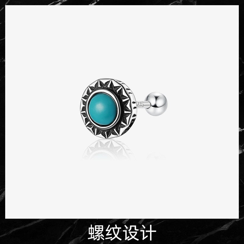 Wholesale Men' s Silver Plated Turquoise Stud Earrings Simple Retro Style Everyday Jewelry Accessory