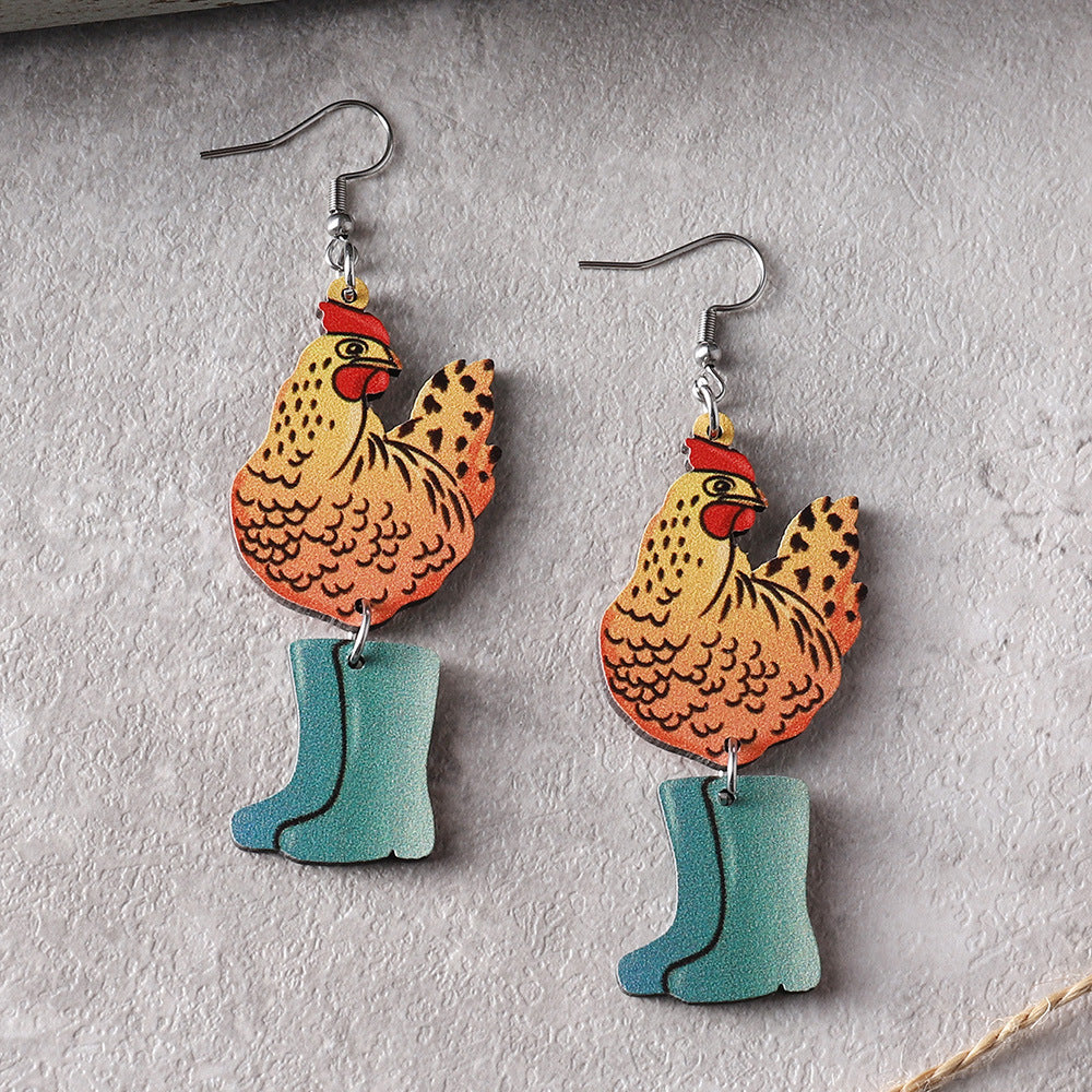 Wholesale Western Farm Cute  Hen Chick Flower Boots  Wooden Double-sided Earrings