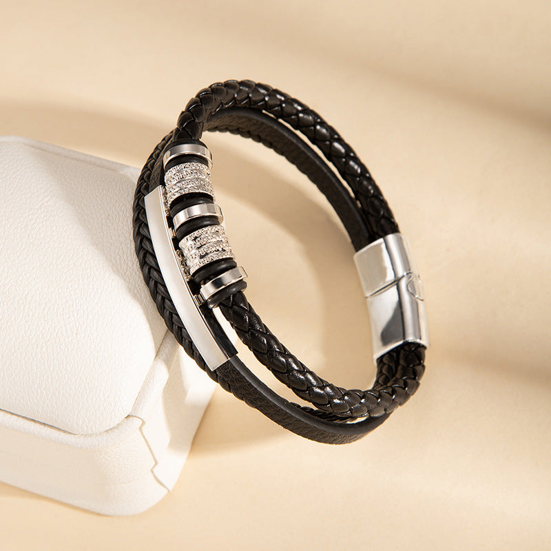 Wholesale Stylish Handwoven Leather Bracelet For Men With Magnetic Clasp Beaded Wristband Fashion Accessory Gift