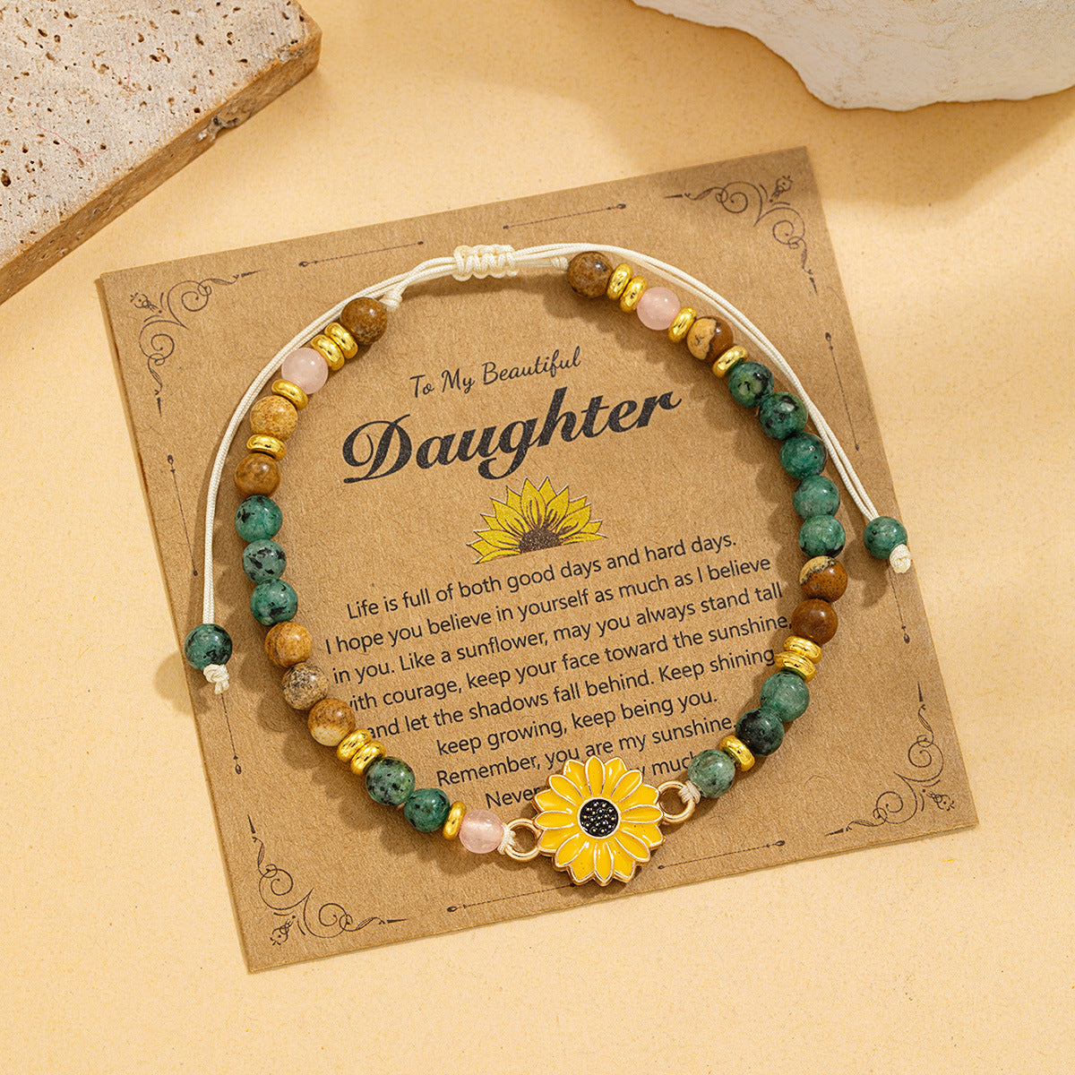 Wholesale Women' s Adjustable Handmade Woven Bracelet with Sunflower and Natural Stone - Travel Souvenir Fashion Accessory