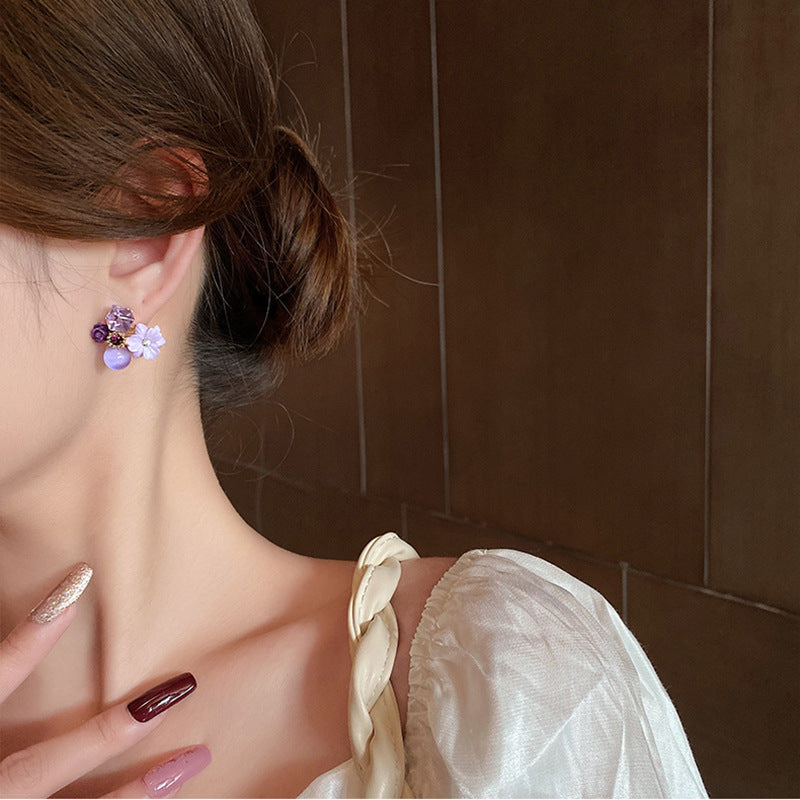 Wholesale Trendy Purple Crystal Flower Stud Earrings for Women,  Alloy Electroplated Jewelry Accessory,  Gift Resale
