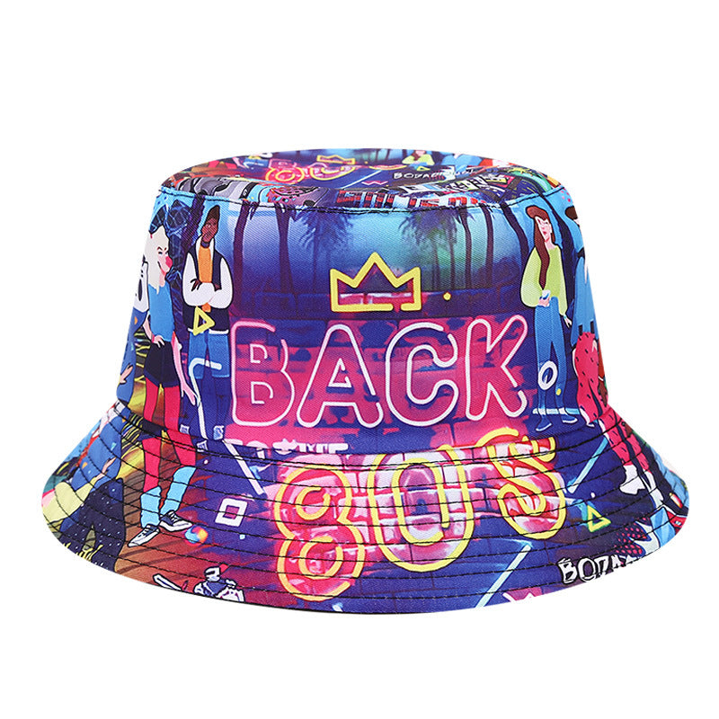Wholesale  retro printed 80s 90s fisherman hat  double-sided basin hat outdoor bucket hat