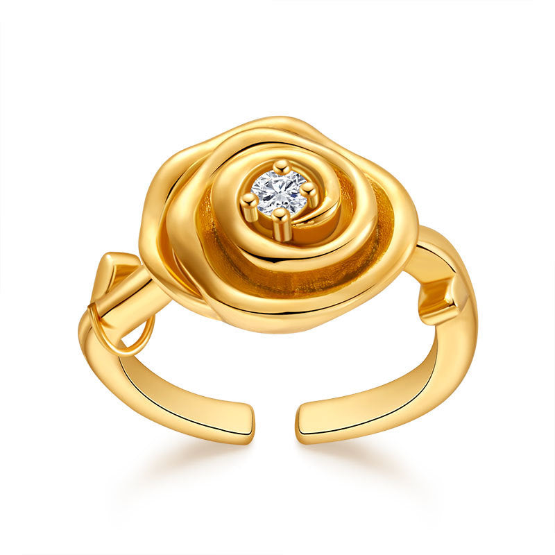 Wholesale  Rose Ring Adjustable Copper Plated 18K True Gold Color Retro Elegant Ring