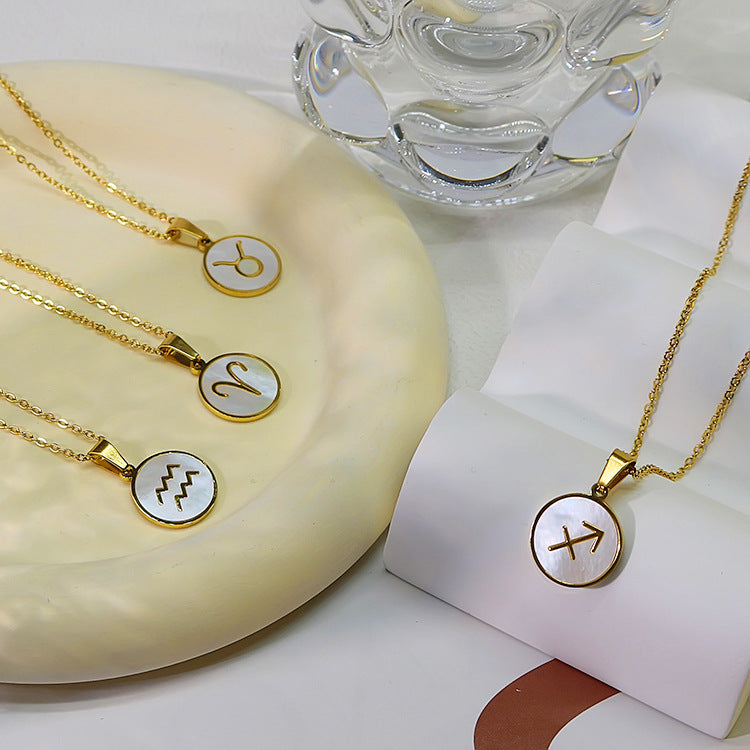 Wholesale twelve constellations white seashell stainless steel 18K gold-plated  pendant necklace
