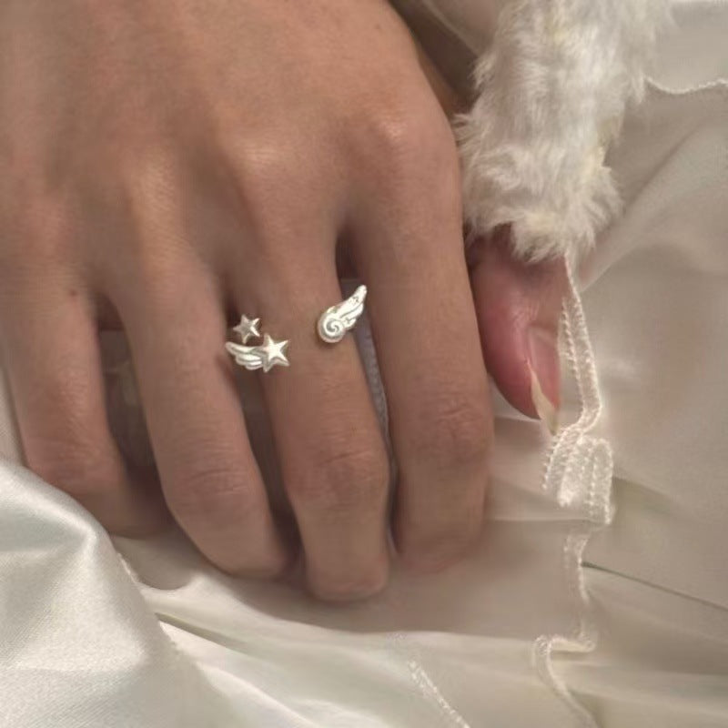 Wholesale White Angel Star Wings Ring for Women,  Niche Design,  Sweet and Cool Girl Style,  Cute Adjustable Open Ring for Index Finger