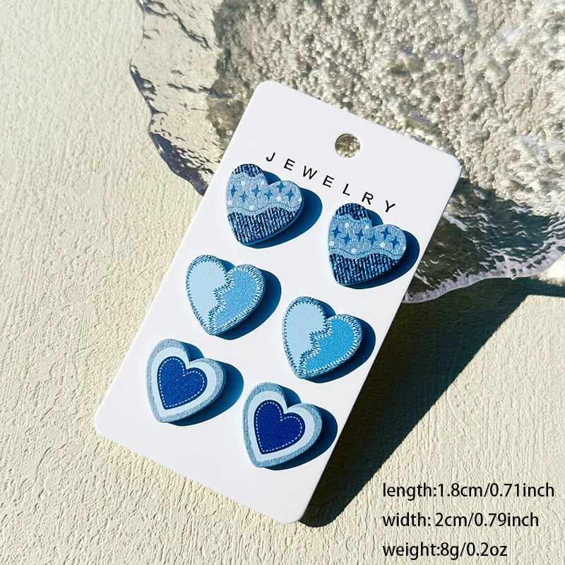Wholesale  3pcs/set Valentine's Day Denim love paint printing clay texture stud earrings