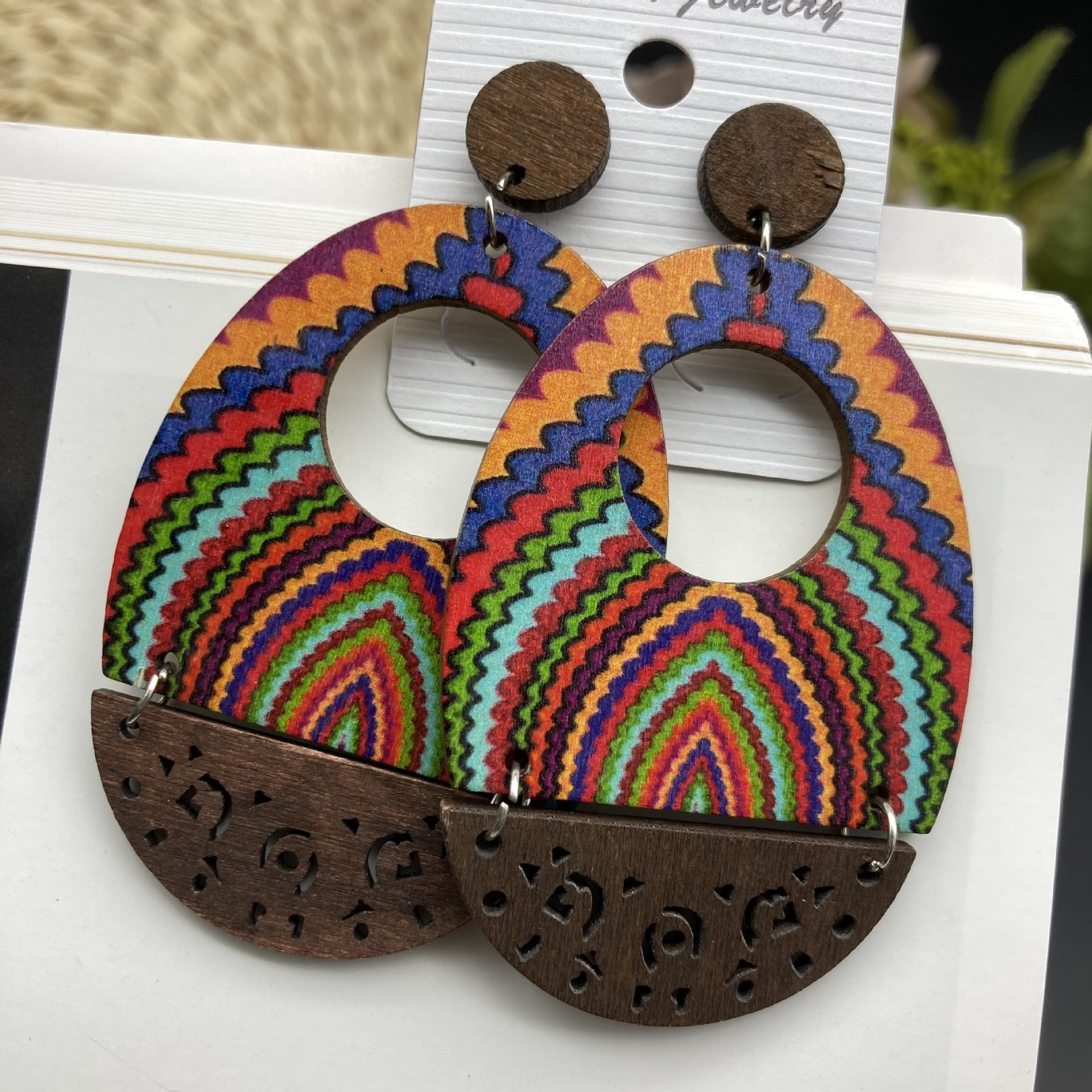 Wholesale Vintage Bohemian Oil Painting Series Wooden Hollow Long Earrings ACC-ES-FX022