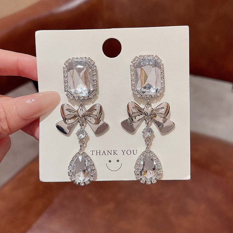 Wholesale S925 Silver Needle Geometric Bow Rhinestone Ear Earrings