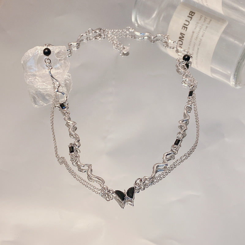 Wholesale Stainless steel Double-layer black butterfly necklace  Light luxury  clavicle chain