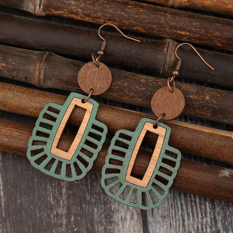 Wholesale Retro Geometric Wooden Earrings For Women Green Hollow Design Fashion Jewelry Accessory Gift