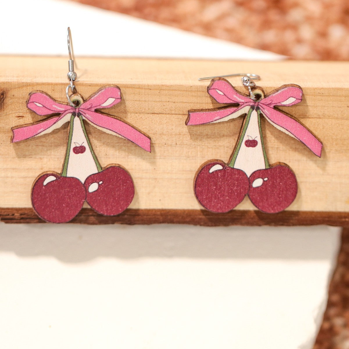 Wholesale Valentine's Day Bow Cherry Cartoon Wooden Earrings