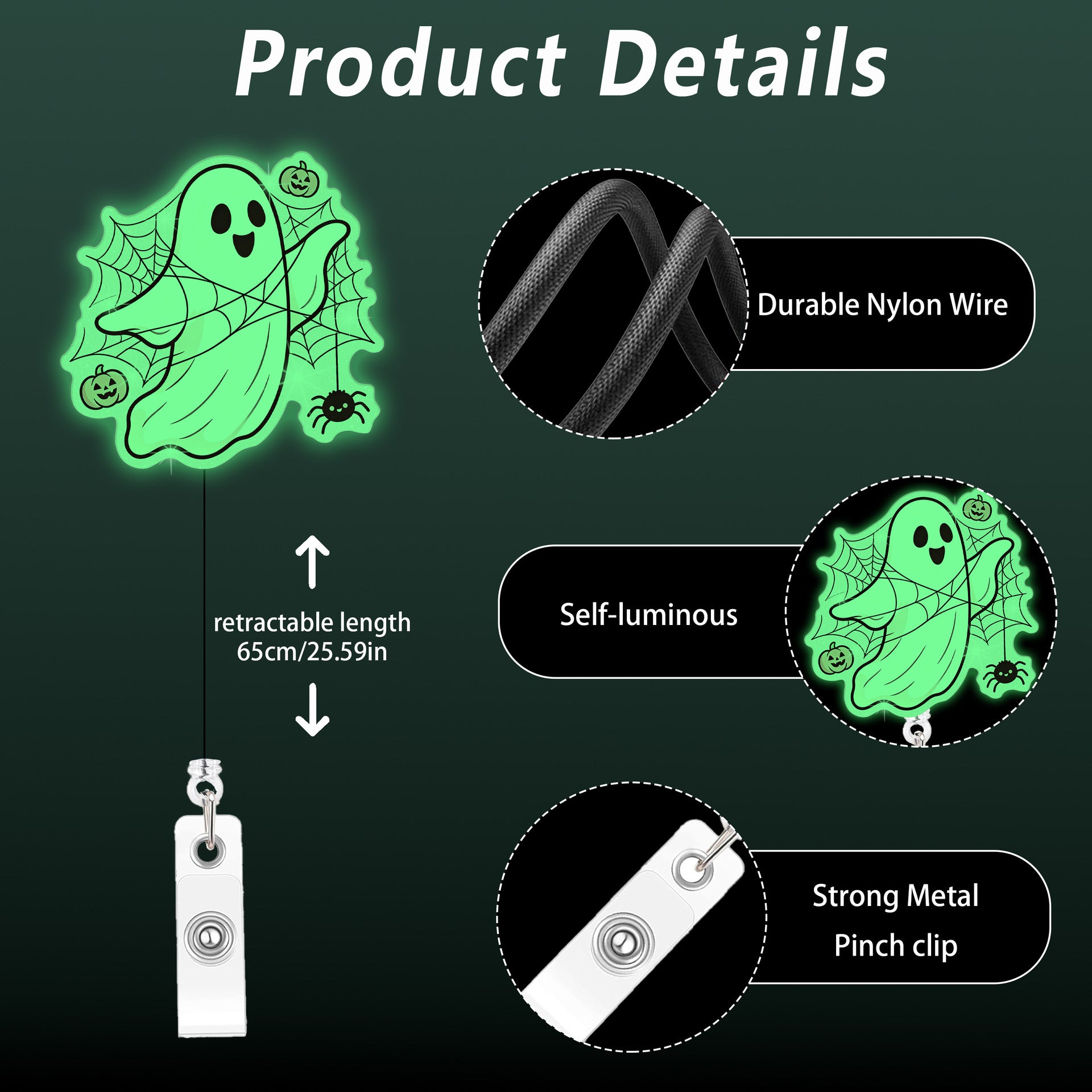 Wholesale Acrylic Glow In The Dark  Ghost Retractable Badge Reel For Boutique Resale