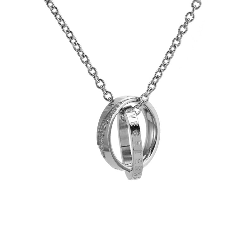 Wholesale Double-ring Couple Diamond Titanium Steel  Necklace