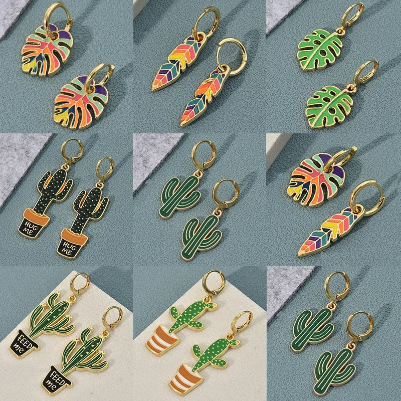 Wholesale Zinc Alloy Drop Oil Leaf Cactus Earrings Trendy Jewelry Accessory for Everyday Wear