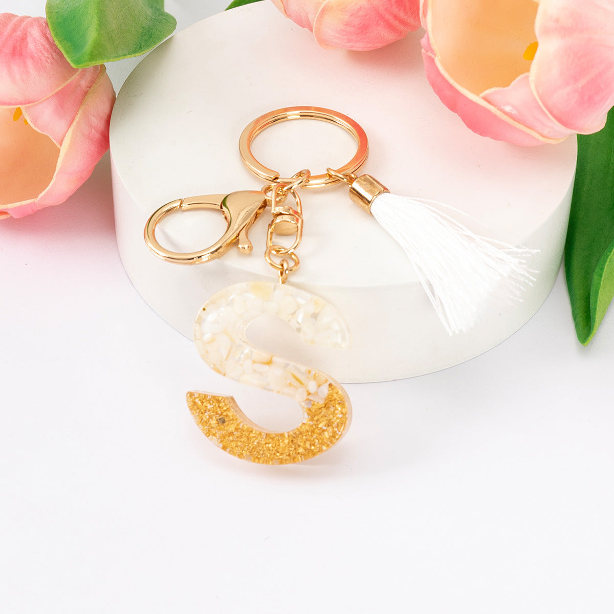 Wholesale Gold Foil New Resin Crystal Glue White Tassel Color English Digital Keychain
