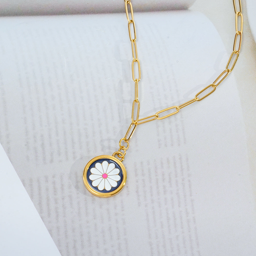Wholesale Blue Enamel  Round Necklace Titanium Steel Everyday Fashion Accessory