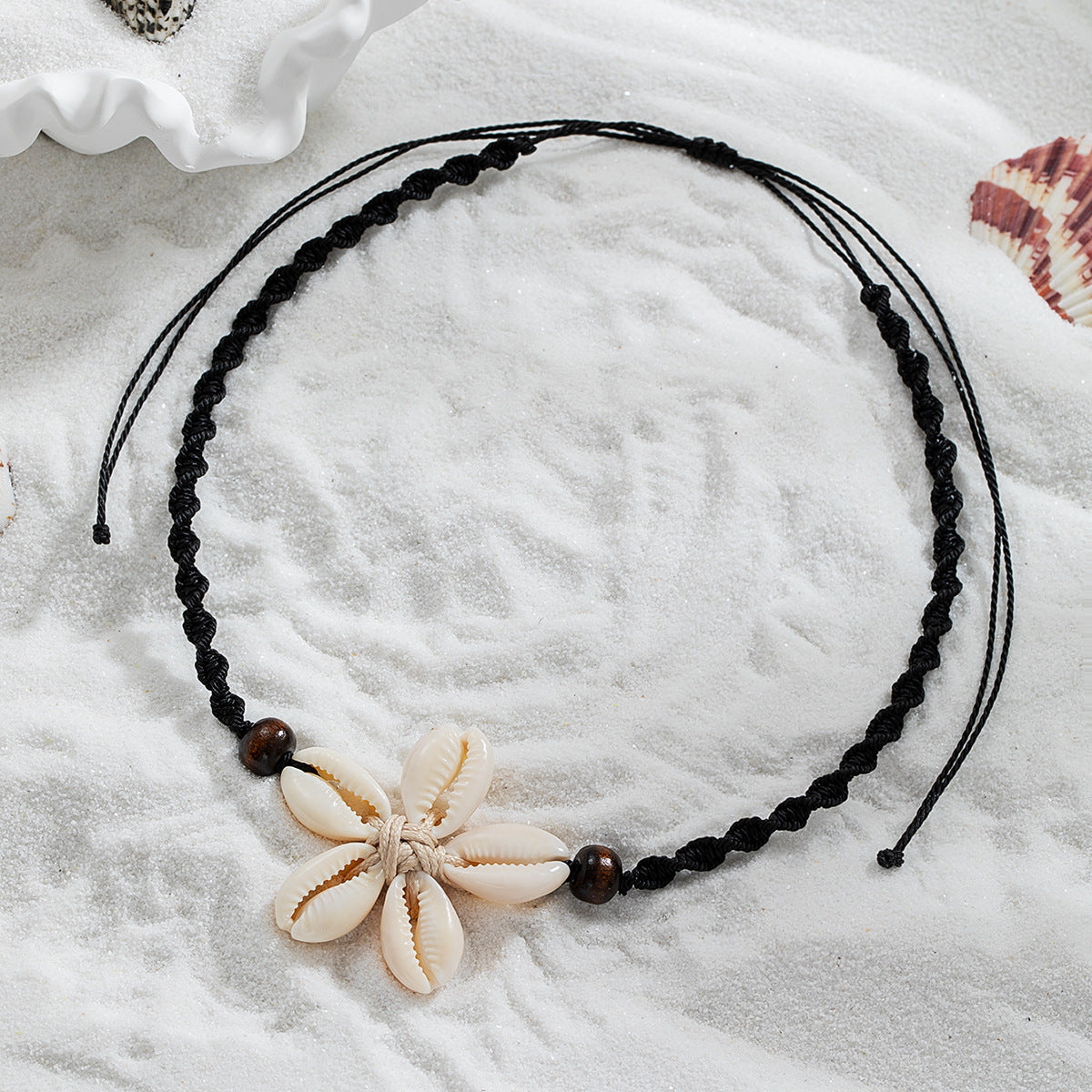 Wholesale Bohemian  shell woven flower wooden beads rope adjustable women's necklace