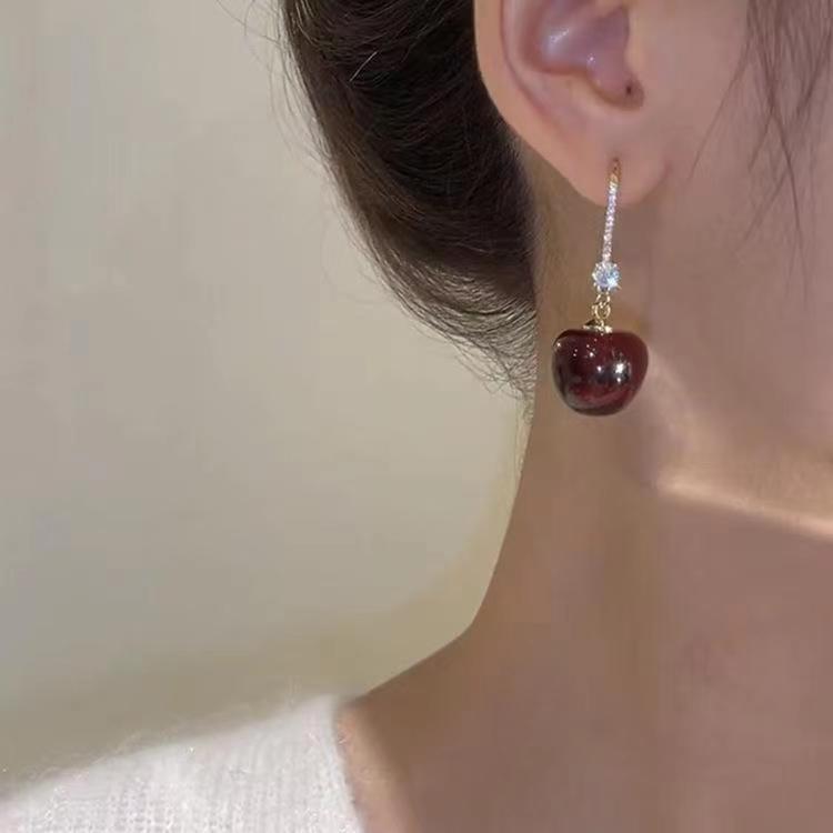 Wholesale Red Cherry Silver Needle Cherry Earrings