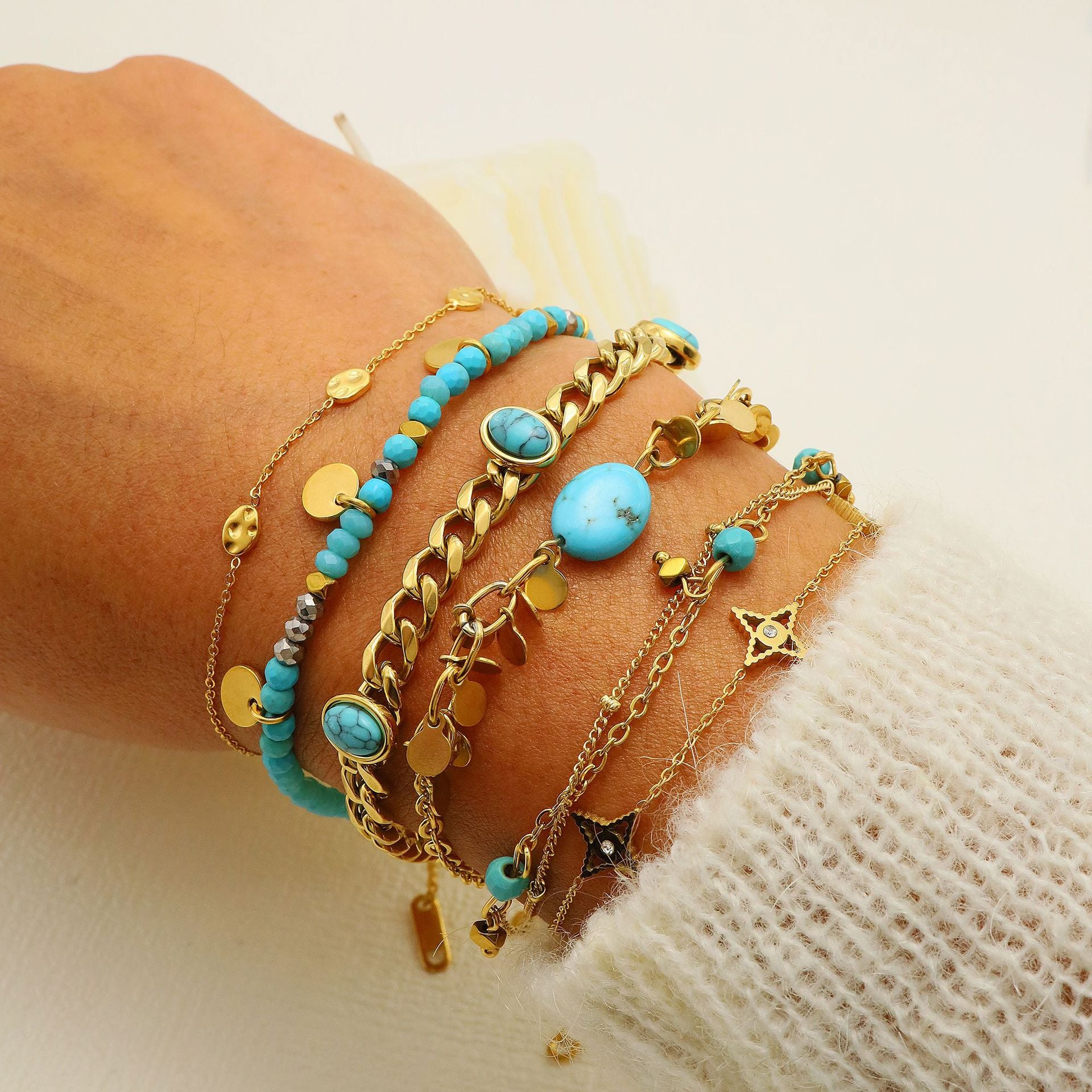 Wholesale Euro-American Turquoise Natural Stone Non-Fading Stainless Steel Stackable Bracelet - Trendy Everyday Jewelry for Women Gift Boutique