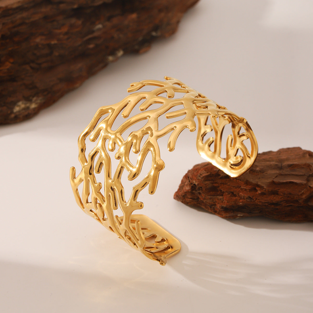 Wholesale  Stainless Steel Hollow Branch-shaped Wide-faced Open Bracelet