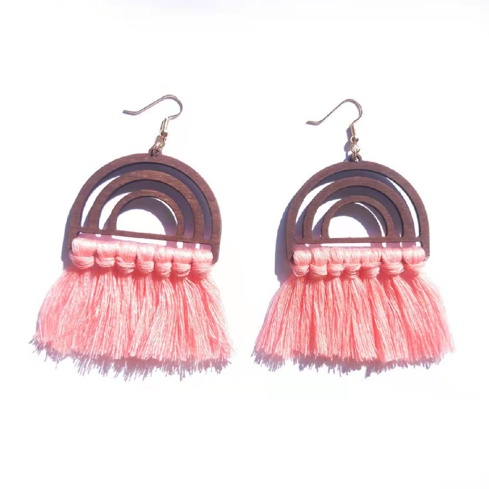 Wholesale Bohemian Handwoven Rainbow Wood Tassel Earrings ACC-ES-Jixuan004
