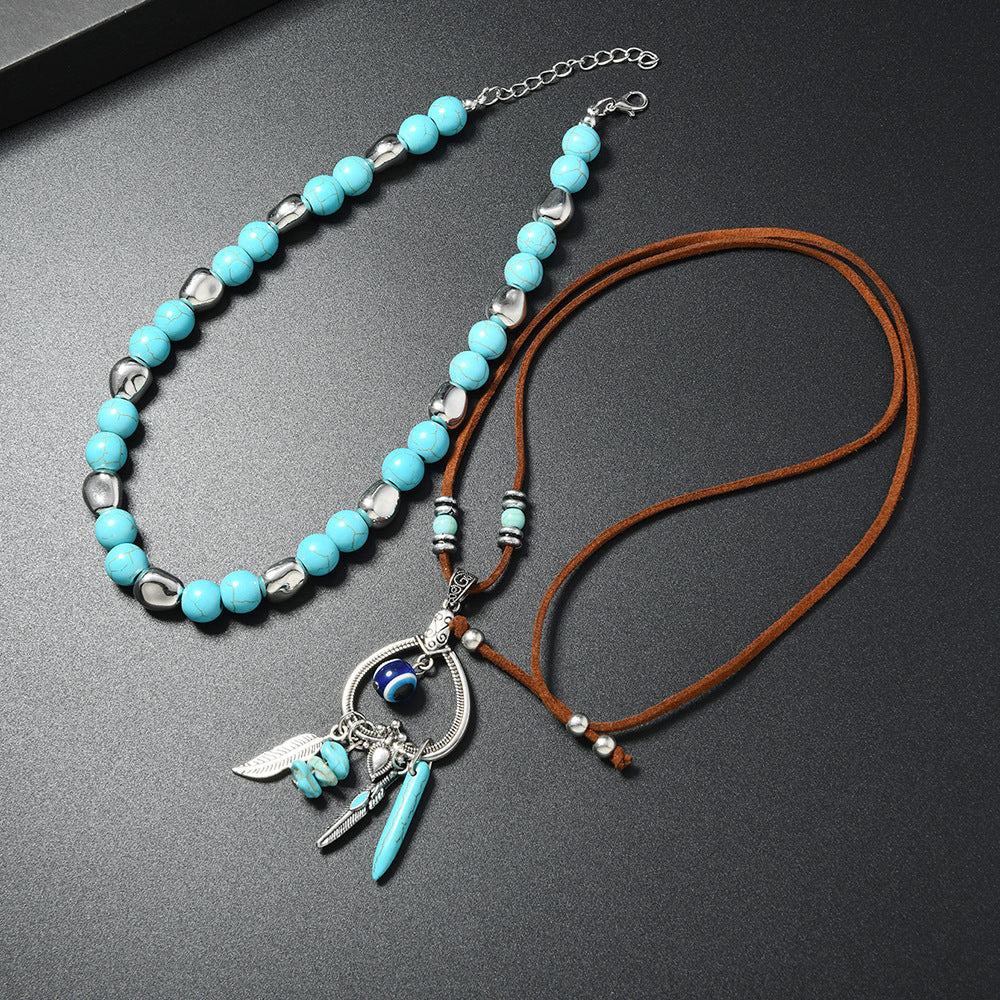 Wholesale Handmade Beaded Turquoise Necklace Bohemian Vintage Ethnic Double Layer Pendant Long Chain Jewelry Accessory 2 Piece Set