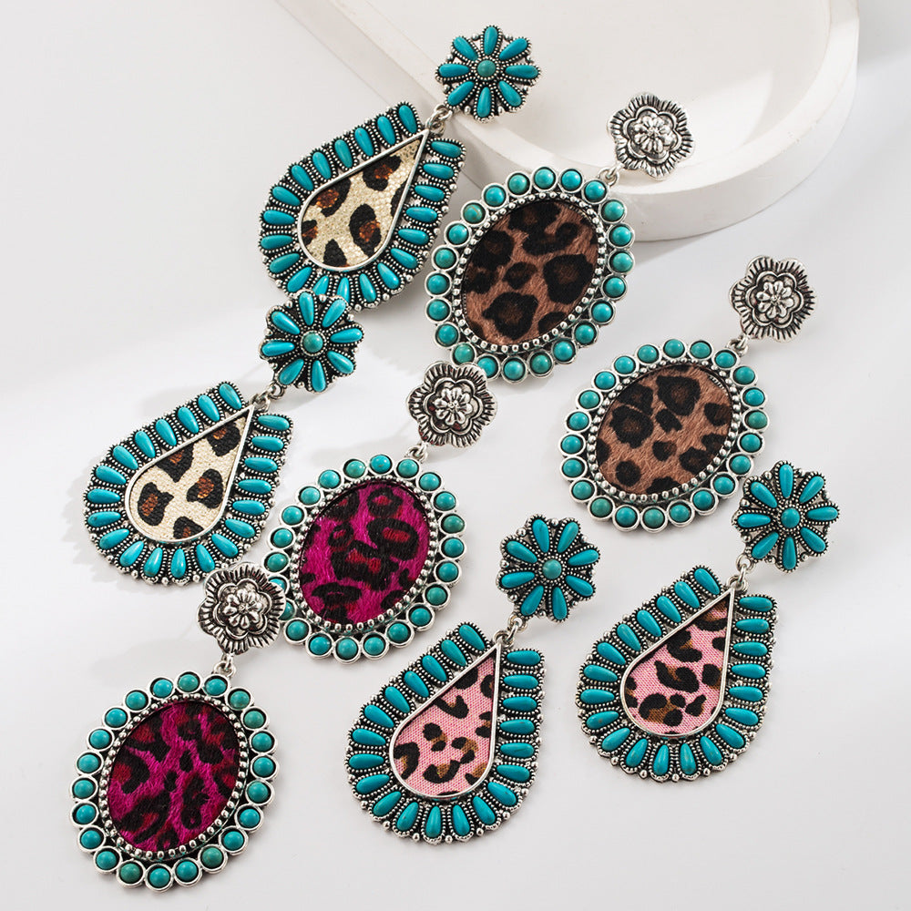 Wholesale Turquoise Leather Western Ethnic Earrings Vintage Court Style Boutique Resale